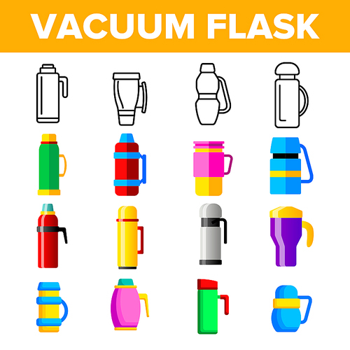 vacuum flasks and bottles vector color icons set.  flasks, takeaway hot drink linear symbols pack. metal container for takeout coffee and tea. travel mugs and cups isolated flat illustrations