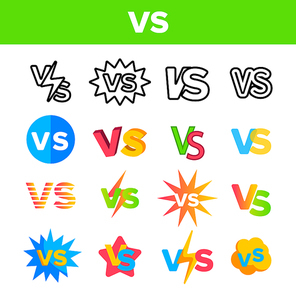 VS Abbreviation, Versus Vector Color Icons Set. VS Phrase In Comic Style Linear Symbols Pack. Letters In Speech Bubble. Confrontation, Fighting And Sports Competition Isolated Flat Illustrations