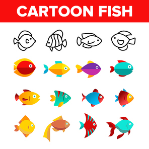 Fish, Exotic Species Vector Thin Line Icons Set. Cartoon Fish, Aquarium And Sea Creature Linear Pictograms. Marine Life, Oceanic Fauna, Tropical Fishes, Underwater Inhabitants Color Flat Illustrations