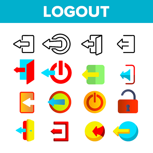 Logout Button Vector Thin Line Icons Set. Logout, Leaving User Account Linear Pictograms. Page Exit Navigation Button with Open Door, Switch Off and Arrows Signs Color Flat Illustrations