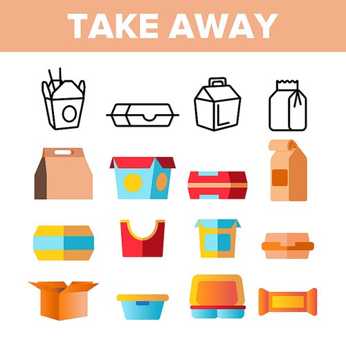 Take Away Food Vector Thin Line Icons Set. Take Away Dish in Cardboard Container Linear Pictograms. Takeaway Snacks Packaging, Chinese Cuisine, Lunch Meal in Disposable Boxes Color Flat Illustrations