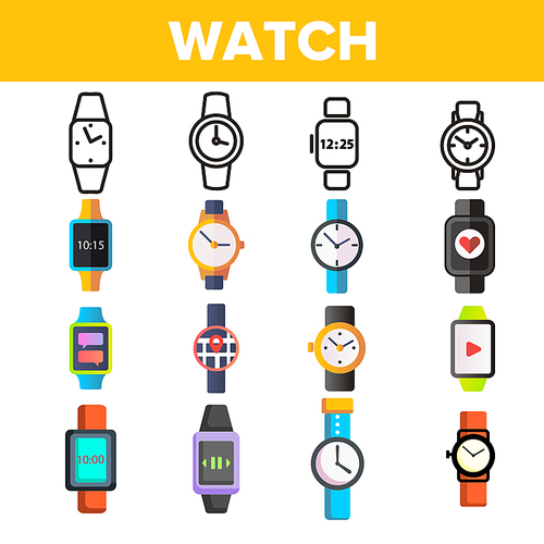 Watches, Gadgets Vector Thin Line Icons Set. Watches, Mechanical, Electronic Mechanisms Linear Pictograms. Modern Digital Devices with Geolocation, SMS Chatting Functions Color Flat Illustrations