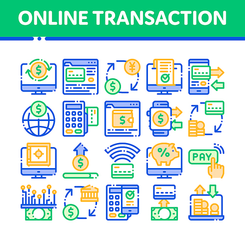 Online Transactions Vector Thin Line Icons Set. Online Transactions, Secure Financial Payment Operation Linear Pictograms. Internet Banking Money Deposit, Currency Exchange Color Contour Illustrations