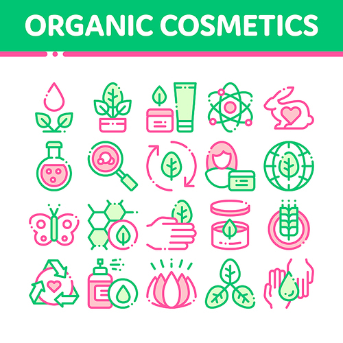 Organic Cosmetics Vector Thin Line Icons Set. Organic Cosmetics, Natural Ingredient Linear Pictograms. Eco-friendly, Cruelty-free Product, Molecular Analysis, Scientific Research Contour Illustrations