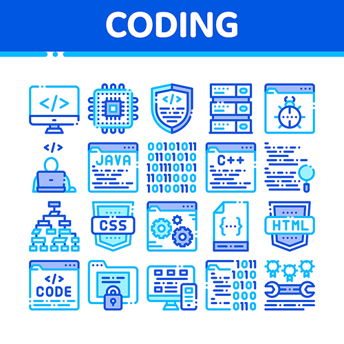 Coding System Vector Thin Line Icons Set. Binary Coding System, Data Encryption Linear Pictograms. Web Development, Programming Languages, Bug Fixing, HTML, Script Color Contour Illustrations