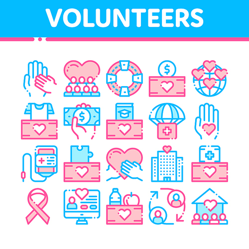 Volunteers Support Vector Thin Line Icons Set. Volunteers Support, Charitable Organizations Linear Pictograms. Blood Donor, Food Donations, Financial Help, Humanitarian Aid Color Contour Illustrations