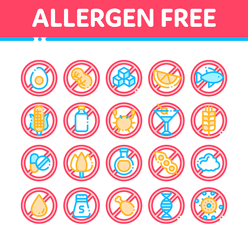 Allergen Free Products Vector Thin Line Icons Set. Allergen Free Food, Drink Linear Pictograms. Healthy Produce, Safe Dairy, Poultry, Cereals. Genetic Nutrients Intolerance Color Contour Illustrations