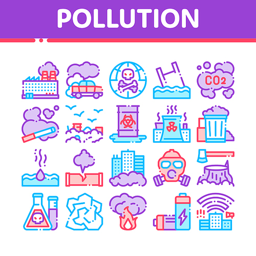 Pollution of Nature Vector Thin Line Icons Set. Environmental Pollution, Chemical, Radiological Contamination Linear Pictograms. Gas, CO2 Emissions, Dirty Soil, Water, Air Color Contour Illustrations