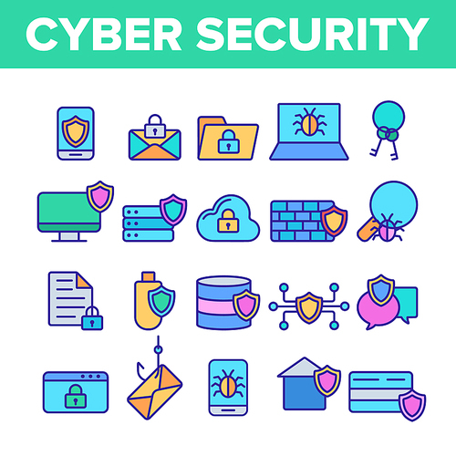 Cyber Security Vector Thin Line Icons Set. Cyber Security, Information Protection Linear Pictograms. Cyberspace Safety, Cyber Crimes, Computer Defense Software, Limited Access Contour Illustrations