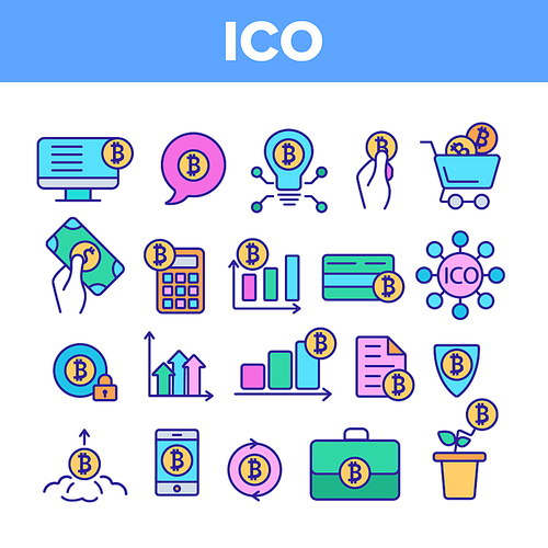 ICO, Bitcoin Vector Thin Line Icons Set. ICO, Initial Coin Offering, Bitcoin Transactions Linear Pictograms. Cryptocurrency, Blockchain, Digital Money Operations, Income Growth Contour Illustrations