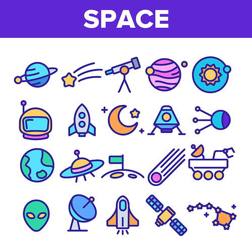 Space Exploration Vector Thin Line Icons Set. Outer Space, Extraterrestrial Life Linear Pictograms. Solar System, Moon Surface Research, Satellites, Telescopes, Spaceships Contour Illustrations
