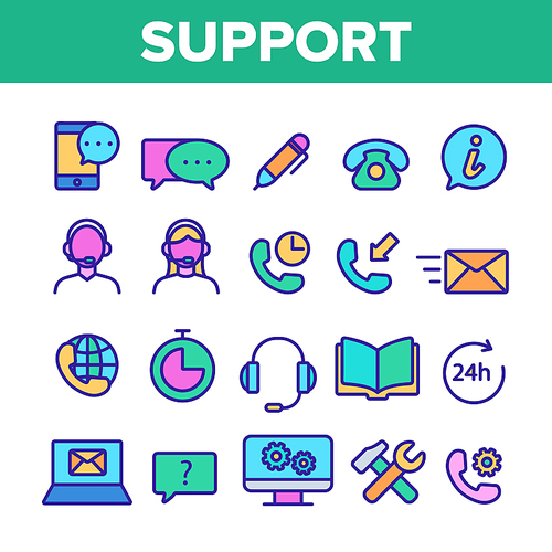 Client Support Vector Thin Line Icons Set. Customer Support, Helpline, Helpdesk Consultants Linear Pictograms. 24h Call Center Workers, Mobile App, Settings Notifications, Email Contour Illustrations