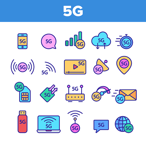 5G Fast Network, Connection To Website Vector Icons Set. High Speed Internet, 5G Generation Of Service Contour. Internet Provider, Connection Type, Wifi, Wireless Distribution Thin Line Illustration