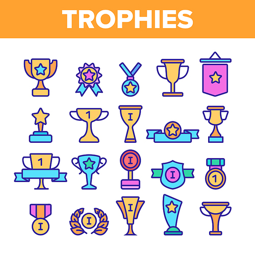 Trophies And Medals For First Place Vector Linear Icons Set. Winner, Reward. Best Result In Competition, Win In Tournament outline cliparts. Awarding Ceremony, Championship Thin Line Illustration
