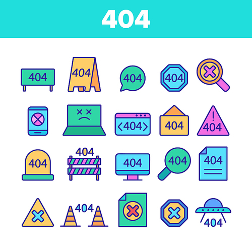 Color 404 HTTP Error Message Vector Linear Icons Set. 404 Page Not Found Outline Symbols Pack. Internet Connection Problem, Broken Link. Standard Response Code Isolated Contour Illustrations