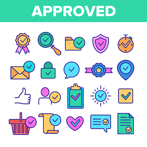 Color Approved And Certified Vector Linear Icons Set. Approved, Quality Control Guarantee Outline Symbols Pack. Correct Choice Selection. Checkmark, Confirm, Tick Isolated Contour Illustrations