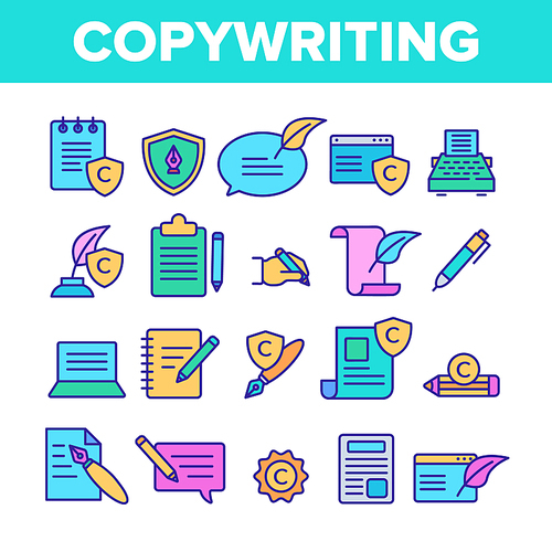 Color Copywriting and Blogging Vector Linear Icons Set. Copywriting, Creative Writing Outline Symbols Pack. Content Creating, Text Editing. Vlog Post, Article Isolated Contour Illustrations