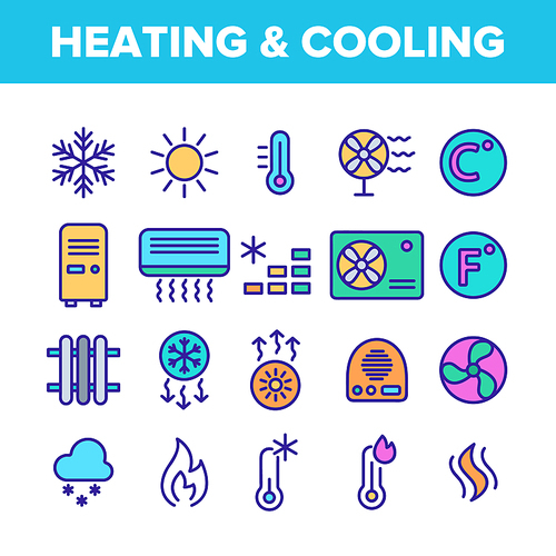 Color Heating And Cooling System Vector Linear Icons Set. Heating And Cooling Air Conditioning Outline Symbols Pack. Temperature Control Equipment. Radiator, Fan, Thermometer Contour Illustrations
