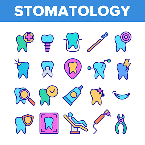 Color Stomatology And Dentistry Vector Linear Icons Set. Stomatology, Teeth Treatment And Oral Hygiene Outline Symbols Pack. Dentist Tools. Dental Implant, Tooth Cavity Isolated Contour Illustrations