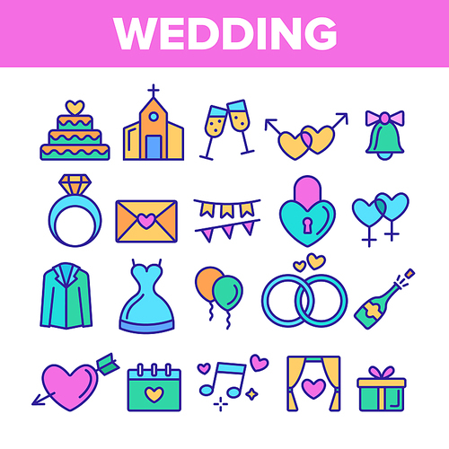 Color Wedding And Engaging Vector Linear Icons Set. Wedding Traditional Ceremony Outline Symbols Pack. Engagement Rings, Festive Cake, Bride Dress, Champagne Bottle Isolated Contour Illustrations