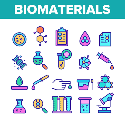 Color Biomaterials, Medical Analysis Vector Linear Icons Set. Biomaterials Research Outline Cliparts. Chemical Experiment Pictograms Collection. Scientific Laboratory Equipment Illustration