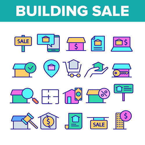 Color Buildings For Sale Vector Linear Icons Set. Buy property, Building Sale Outline Cliparts. Real Estate, Residential Selling Pictograms Collection. Apartments And Accommodation Illustration