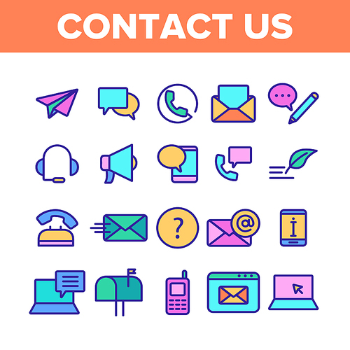 Color Contact Us, Call Center Vector Linear Icons Set. Customer Support Service, Contact Us Outline Cliparts. Helpline, Phone Tech Desk Pictograms Collection. Mailing And Chatting Illustration