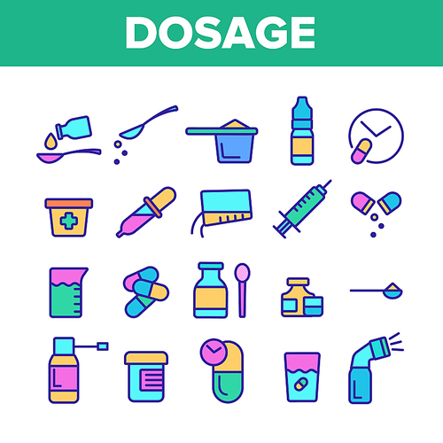Color Dosage, Dosing Drugs Vector Linear Icons Set. Pharmacological Medications Dosage Outline Cliparts. Disease Treatment Prescription Pictograms Collection. Medical Therapy Illustration