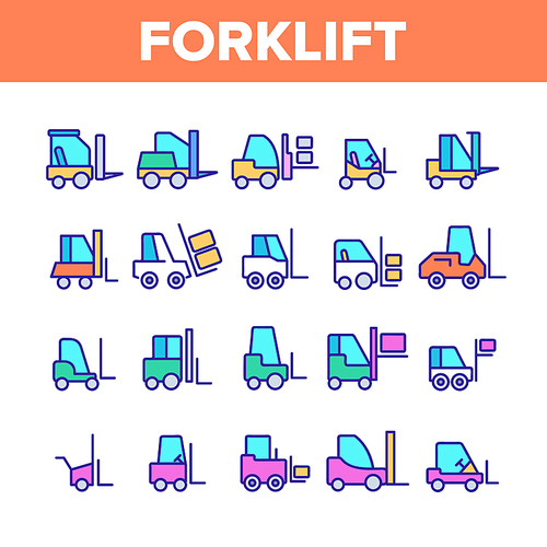 Color Forklift, Lift Truck Vector Linear Icons Set. Transportation Forklift Machine Outline Cliparts. Delivery, Logistics Pictograms Collection. Vehicle For Lifting And Carrying Loads Illustration