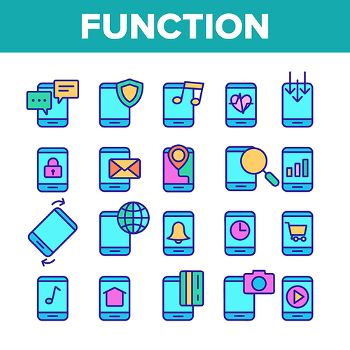Color Smartphone App Function Vector Linear Icons Set. Digital Technology, Device Function Outline Cliparts. Mobile Applications Pictograms Collection. Phone Services And Options Illustration