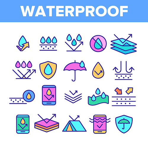 Color Waterproof, Water Resistant Materials Vector Linear Icons Set. Waterproof, Surface Protection Outline Cliparts. Hydrophobic Fabric Pictograms Collection. Anti Wetting Material Illustration