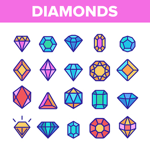 Diamonds, Gems Vector Thin Line Icons Set. Diamonds, Gems Cutting Types Linear Pictograms. Precious Stones, Gemstones Shapes, Jewelry Crystals with Geometric Facets Contour Illustrations