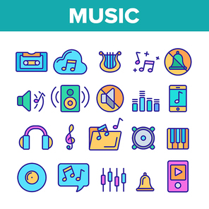 Music, Audio Vector Thin Line Icons Set. Music Listening Apps, Audio Files Storage Linear Pictograms. Old, Modern Voice Recording Technology. Speakers, Mute Mode, Settings Contour Illustrations