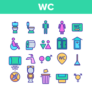 WC, Public Bathroom, Toilet Vector Linear Icons Set. Using General, Lavatory, Restroom Contour Design. Personal Hygiene Items. Male And Female, Disabled WC, Toilet Thin Line Illustration Pack