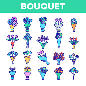 Bouquets, Bunches Of Flowers Vector Icons Set. International Womens Day, Birthday, Romantic Present. Natural, Traditional Gift For Girls, Women, Ladies. Roses, Tulips, Daisies Thin Line Illustration