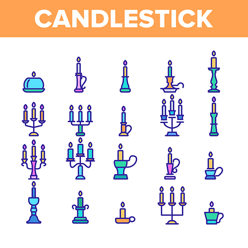 Candlestick, Old And Vintage Decor Vector Linear Icons Set. Retro Source Of Light, Celebration Attribute. Holiday Decoration, Antique Lighting Methods. Decorative Metal Lamps Thin Line Illustration