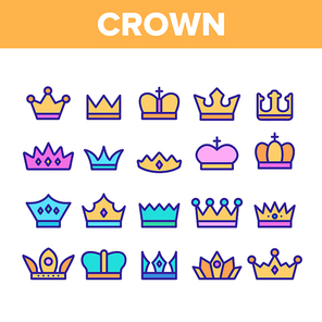 Royal Headwear, Crowns And Tiaras Vector Icons Set. Luxury Of The Monarch Family, Generation. Golden Crown With Jewels And Decoration Outline. Antique, Medieval Authority Symbol Thin Line Illustration
