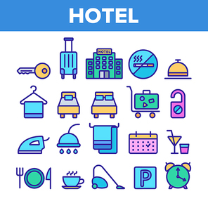 Hotel Accommodation, Room Amenities Vector Linear Icons Set. Hostel Services And Possibilities, All Inclusive Lineart Design. Apartment, Hotel Booking And Reservation Features Thin Line Illustration