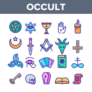 Occult, Demonic Entity Imagery Vector Linear Icons Set. Satanic Rituals, Demonic Beliefs, Superstitions. Deal With Devil, Magic, Mystic, Esoteric Lineart. Occult And Thin Line Illustration