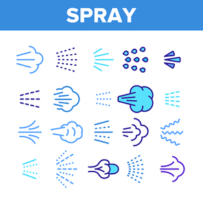 Water, Steam, Liquid Spray Vector Linear Icons Set. Letting Water, Air Through Pulverizer. Sprinkler Distributing Drops Of Liquid Lineart Design. Spraying Smoke, Steam And Gases Thin Line Illustration