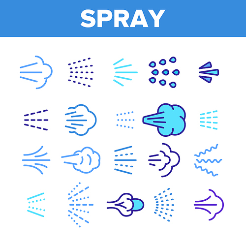 Water, Steam, Liquid Spray Vector Linear Icons Set. Letting Water, Air Through Pulverizer. Sprinkler Distributing Drops Of Liquid Lineart Design. Spraying Smoke, Steam And Gases Thin Line Illustration