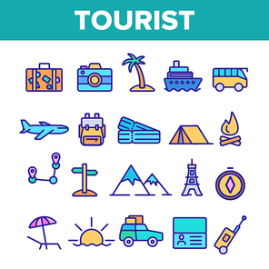 Tourism And Travel Around World Vector Linear Icons Set. Traveling To Different Countries, Islands. Hiking, camping, cruise and road trip outline cliparts. Tourist Adventures Thin Line Illustration
