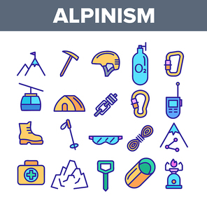 Color Alpinism And Mountaineering Equipment Vector Linear Icons Set. Alpinism Extreme Hobby Outline Symbols Pack. Mountain Climbing, Hiking Instruments And Tools Isolated Contour Illustrations