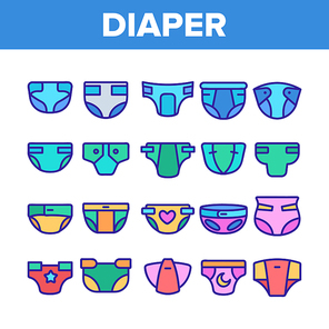 Color Baby Absorbent Diapers Vector Linear Icons Set. Newborn Diaper, Disposable Nappies Outline Symbols Pack. Childcare, Infant Necessities. Children Hygiene Product Isolated Contour Illustrations