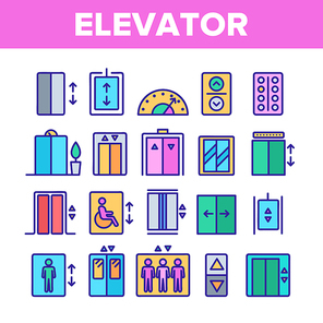 Color Passenger Elevator, Lift Vector Linear Icons Set. Condominium Indoor Elevator Door Outline Symbols Pack. Apartment Building Lift With Up And Down Buttons Isolated Contour Illustrations