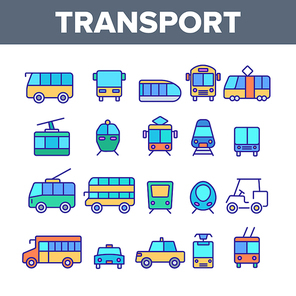 Color Public Transport And Vehicle Vector Linear Icons Set. Passenger Urban Transport Outline Symbols Pack. Bus, Taxi Cab, Trolley, Train Side And Front View Isolated Contour Illustrations