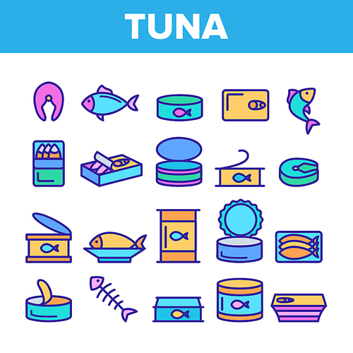 Color Tuna, Fish Products Vector Linear Icons Set. Raw, Cooked And Canned Tuna Outline Symbols Pack. Fresh Uncooked And Prepared Seafood. Fish Steak, Sea Food Isolated Contour Illustrations