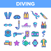 Color Scuba Diving Equipment Vector Linear Icons Set. Summer Vacation, Diving Water Sport Outline Cliparts. Active Sea Holiday Pictograms Collection. Extreme Activity, Snorkeling Illustration