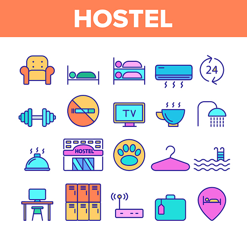 Color Hostel, Tourist Accommodation Vector Linear Icons Set. Hostel Facilities And Services. Outline Cliparts. Hotel Reservation Pictograms Collection. Hospitality Industry Thin Line Illustration