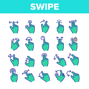 Color Swipe Gesture Touches Vector Linear Icons Set. Touchscreen Swipe Gesturing Outline Cliparts. Drag Finger In Various Directions Pictograms Collection. Using Sensory Devices Illustration